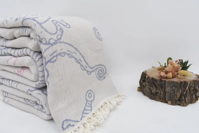 Woven Blanket, Bachelorette Gifts, Wedding For Favor, Organic Throw, Bachelorette Party Favors, 96x76 Cotton Sea Creatures and Mermaid Design Towel - 3