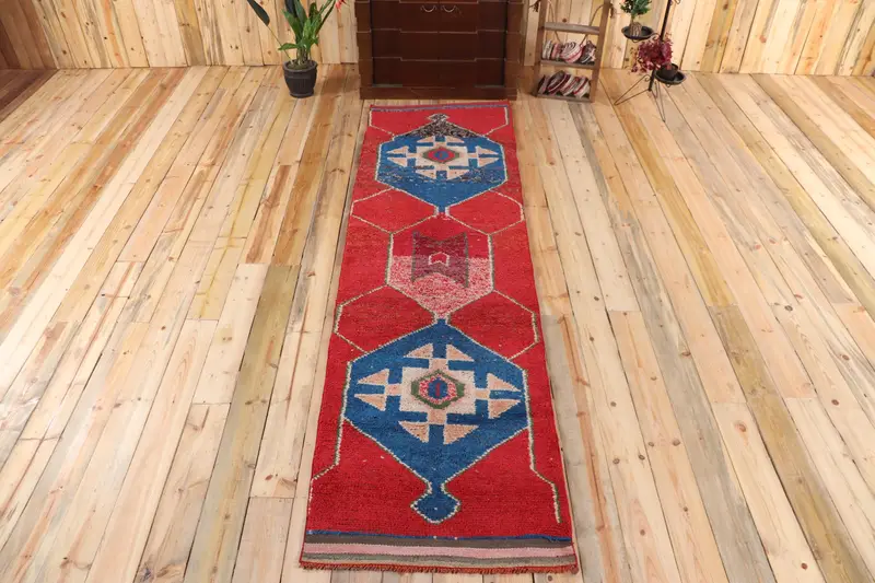 2.6x9.9 ft Runner Vintage Türk Halısı, Kırmızı Oryantal Yün Halı - 1