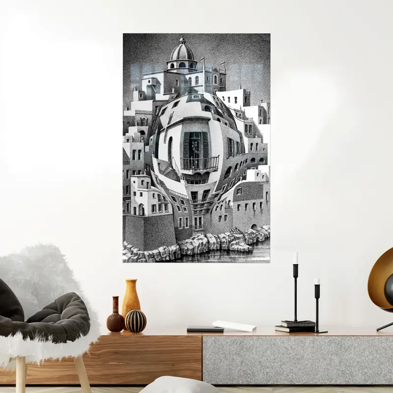 Vidrio impreso con paisaje urbano surrealista: arte moderno de ilusión óptica