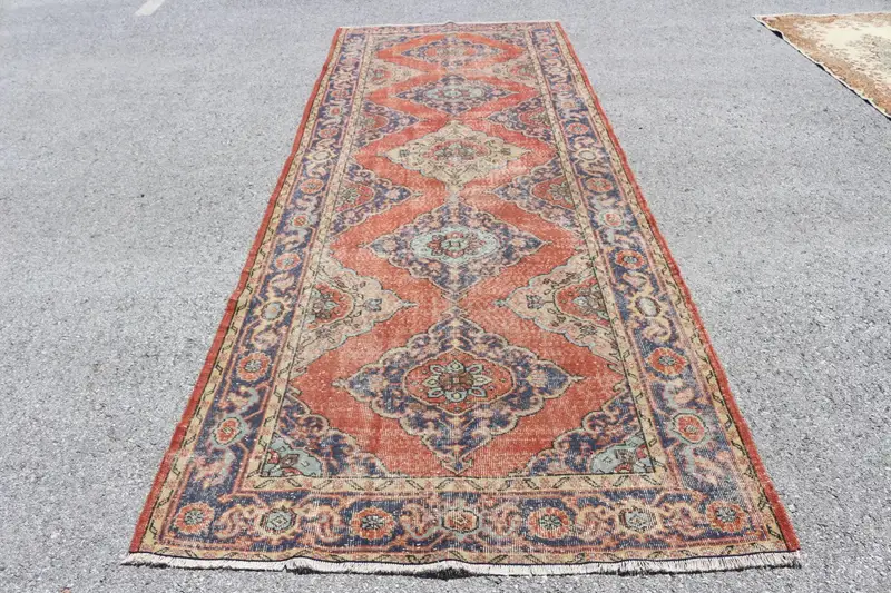 Oushak Türkischer Teppich, 4,7x12,6 ft Vintage Teppich, rot karierter Wollteppich - 1