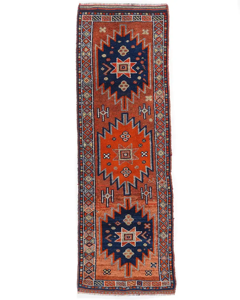 Leuchtender Teppich in Orange und Blau, 90 x 270 cm großes Patchwork-Design