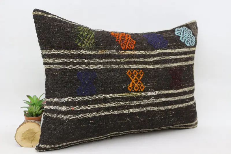 Pillow Sham, Sofa Pillow Cover, Floor Cushion Cover, Boho Pillow Sham Cover, Pillow for Sofa, 16x24 Brown Cushion, Turkish Kilim Pillow - 3