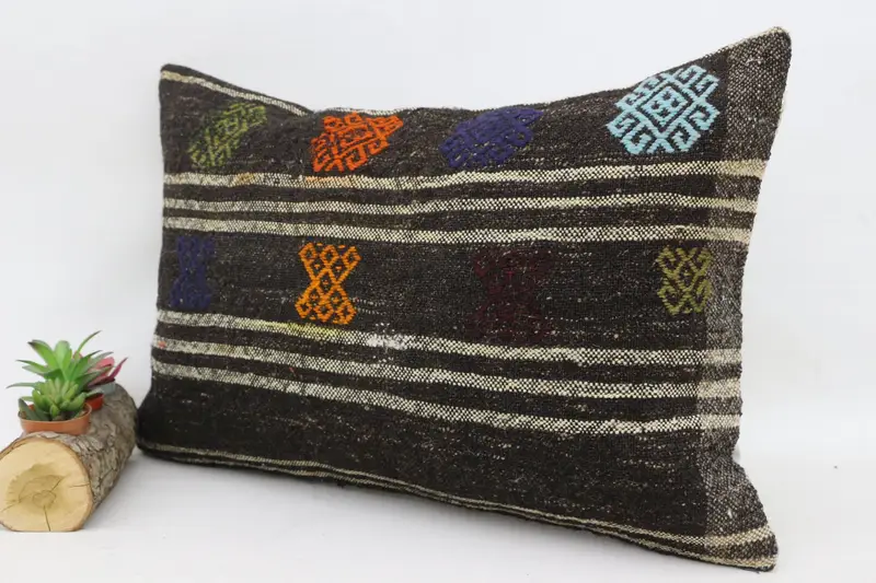 Pillow Sham, Sofa Pillow Cover, Floor Cushion Cover, Boho Pillow Sham Cover, Pillow for Sofa, 16x24 Brown Cushion, Turkish Kilim Pillow - 5