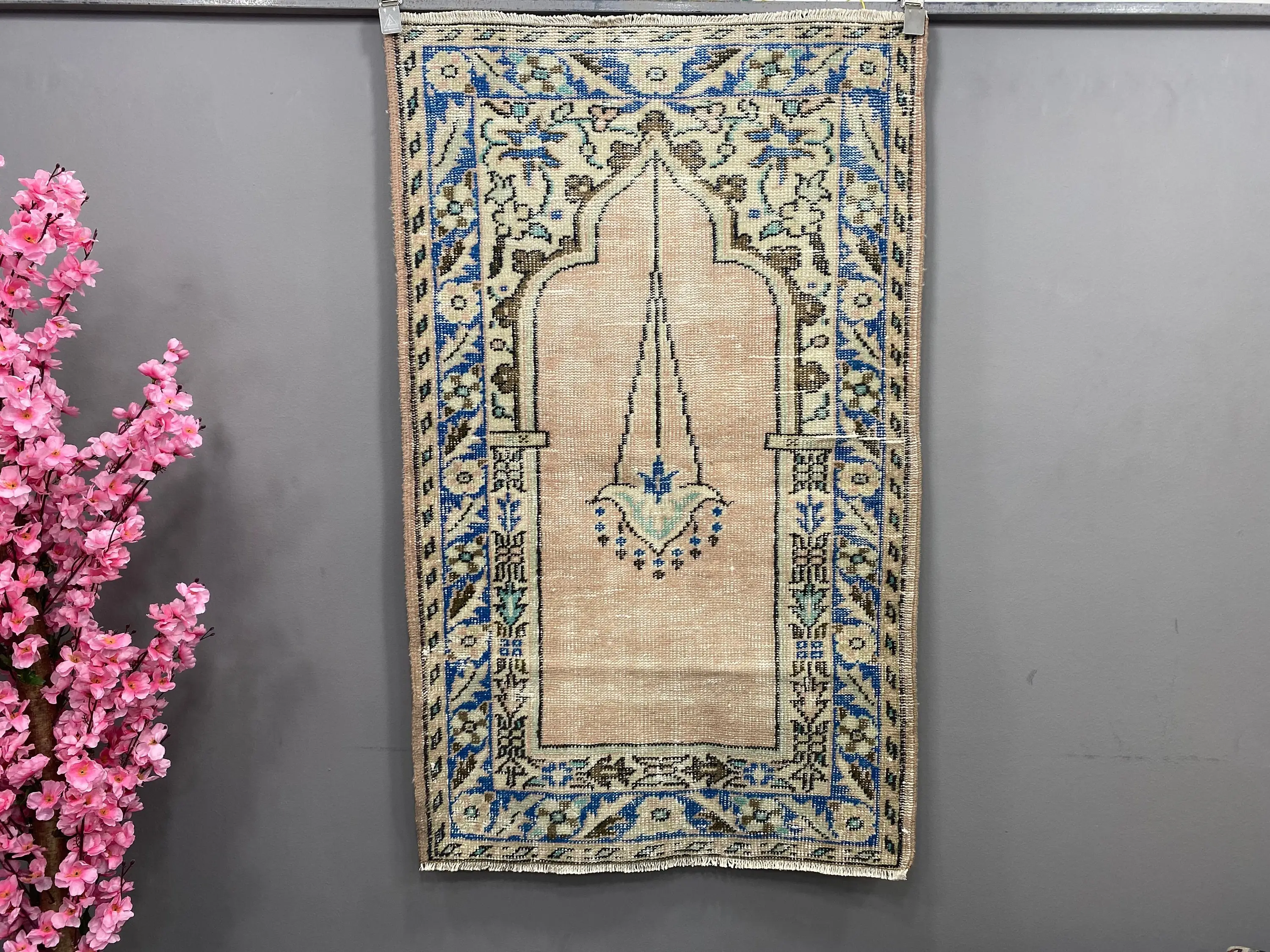 Turkish Vintage Small Rug 2.8x4.6 ft, Blue Brown Wool Rug - 1