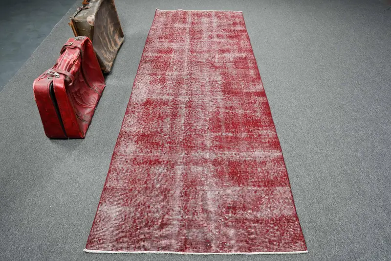 Vintage Halı, 3.3x9.7 ft Runner Türk Halısı, Oushak Kırmızı Beyaz Bitki ve Ağaç Halısı - 1