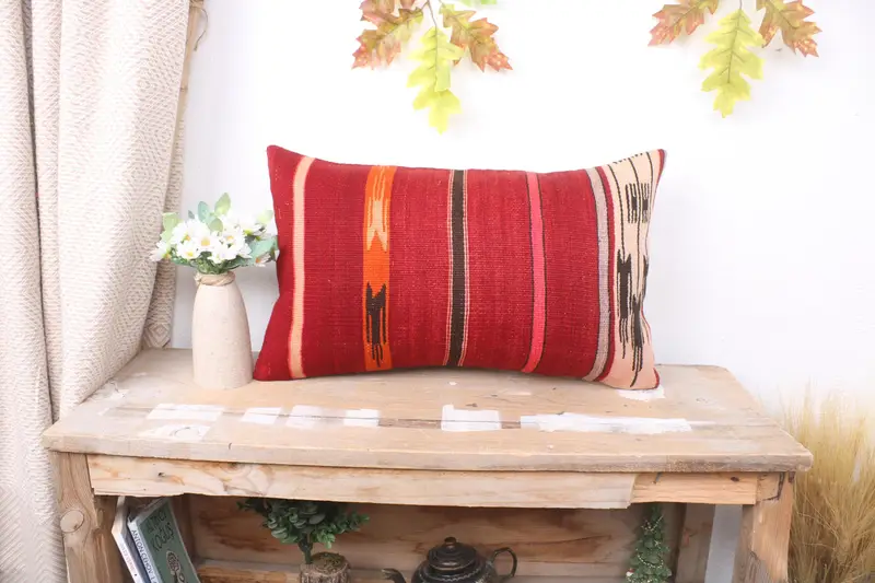 12x20 Red Pillow Cover, Boho Pillow Sham Cover, Retro Throw Pillow Sham, Pillow for Couch, Pillow, Kilim Pillow, Aesthetic Pillow Sham - 1