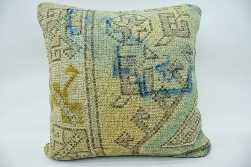 Vintage Blue Square Pillow Cover, Geometric Moroccan 18x18 inch Cushion - 1