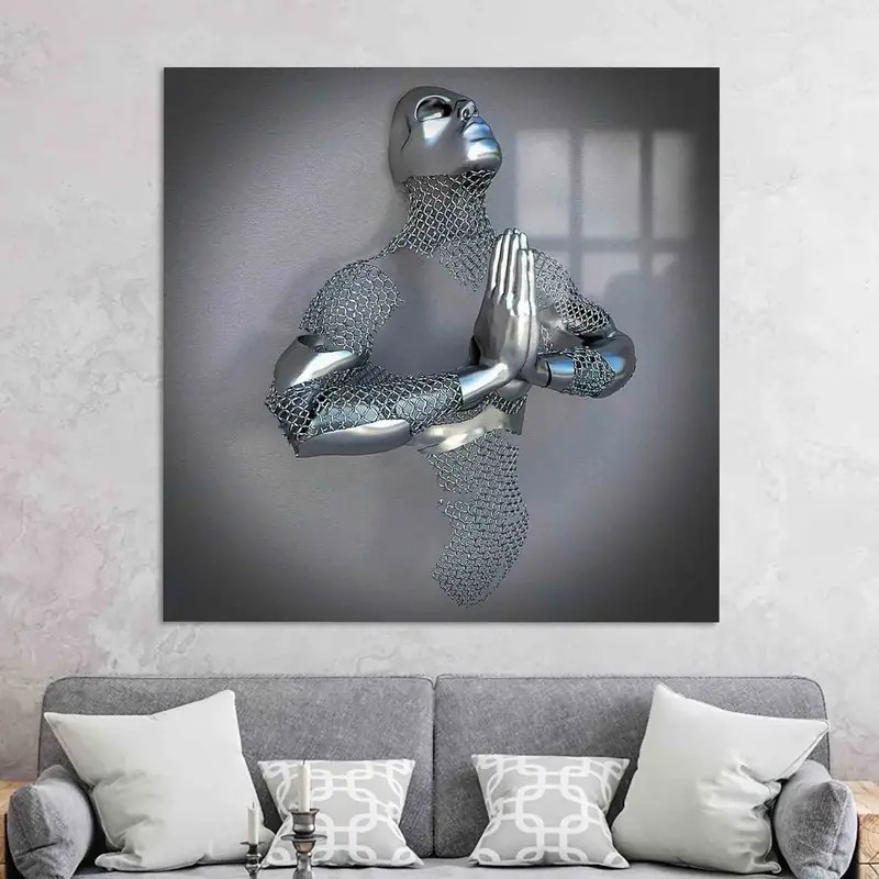 トレンディな 3D ヒューマン シルバー プリント キャンバス - エレガントなウォールアート