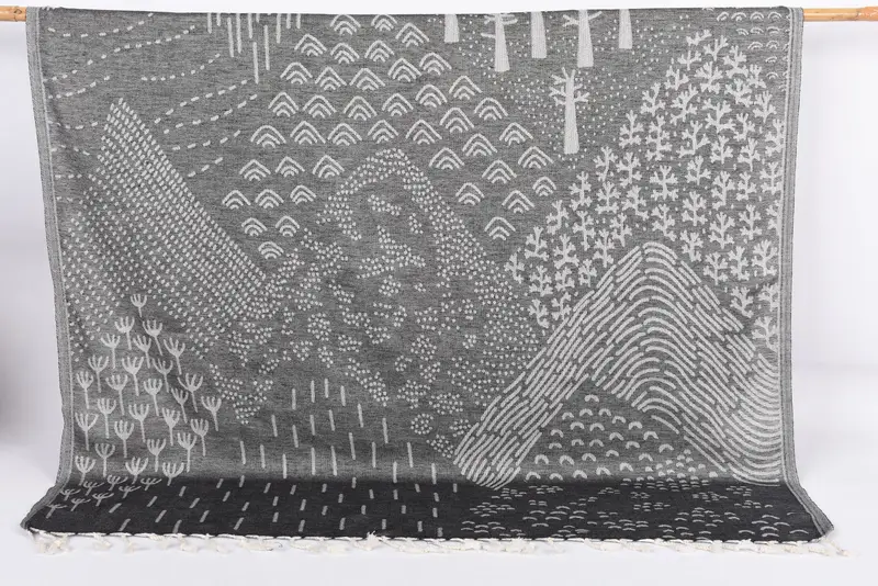 Turkish Towel Beach Embroidered Organic Cotton Bath Towel, Black, 67x40 Inches