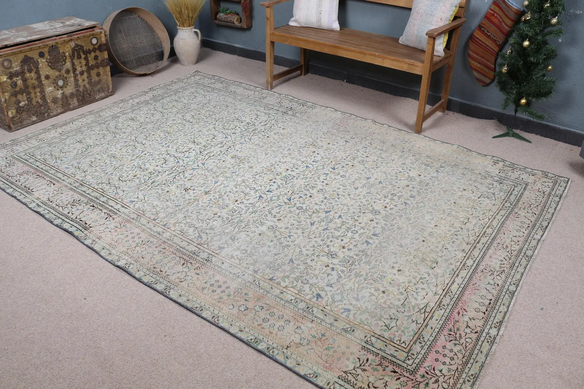 Bej ve Mavi Puantiyeli Halı, 6,3x9,3 ft Şık Dekor - 1