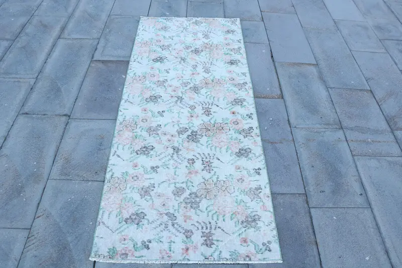 エレガントなベージュ&グリーンラグ、2.5x6.1フィート花柄&幾何学模様