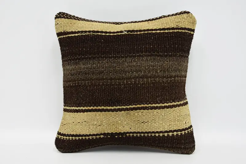 Brown Turkish Cushion Cover, Antique 30x30 cm Pillow Sham, Striped Indoor Pillow - 1