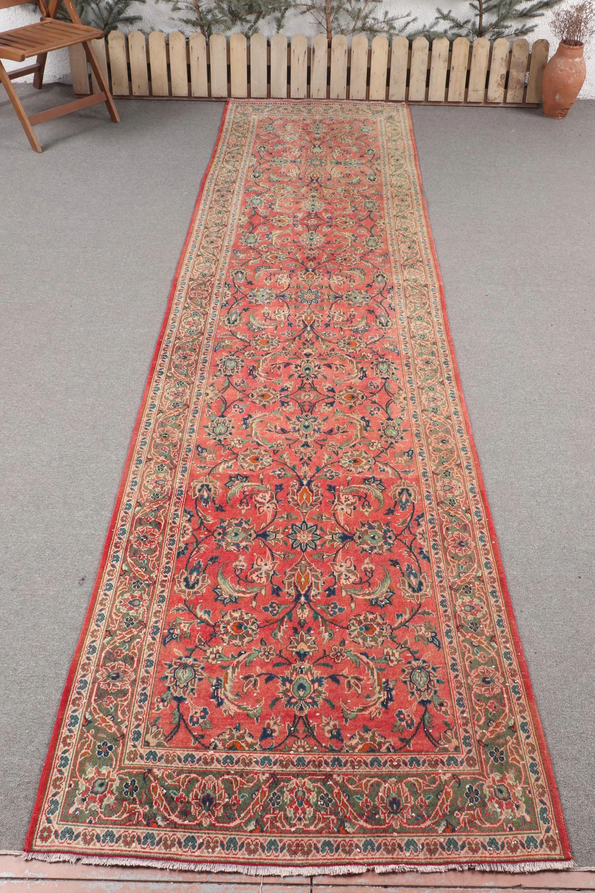 Vintage 3.4x12.6 ft Rug, Turkish Runner Rug, Red Floral Rug - 1