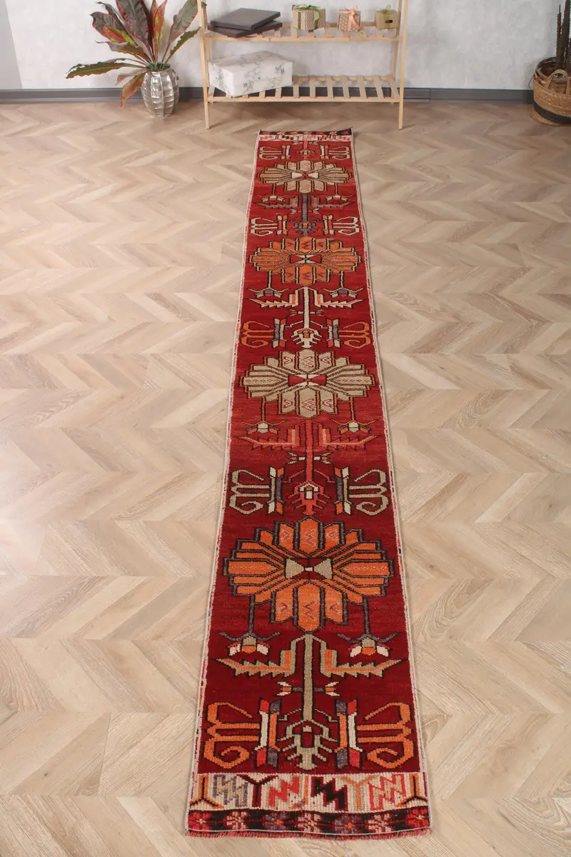 Turkish Rug, 1.6x11.6 ft Vintage Rug, Red Orange Patchwork Wool Rug - 1