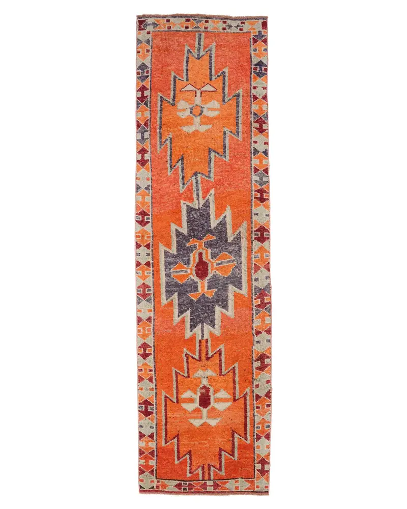 Vibrant Orange & Blue Rug, 3,1x11,2 ft Floral & Paisley