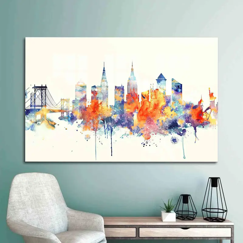 モダンなニューヨークのスカイライン プリント ガラス: エレガントな都市景観デザイン