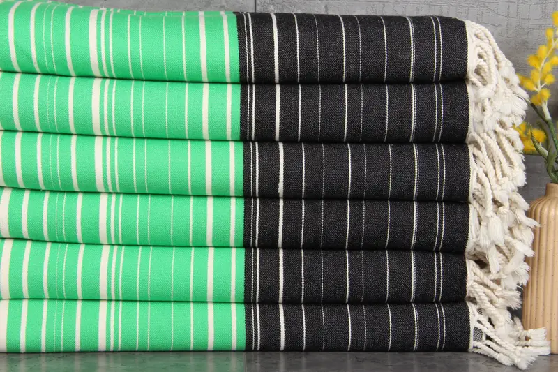 Personalized Turkish Towel Green-Black Striped Organic Cotton, 40x71 Inches