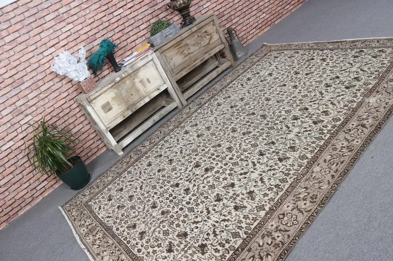 Vintage Turkish Oushak Rug 6.2x9 ft, Brown Large Plants & trees Wool Rug - 1