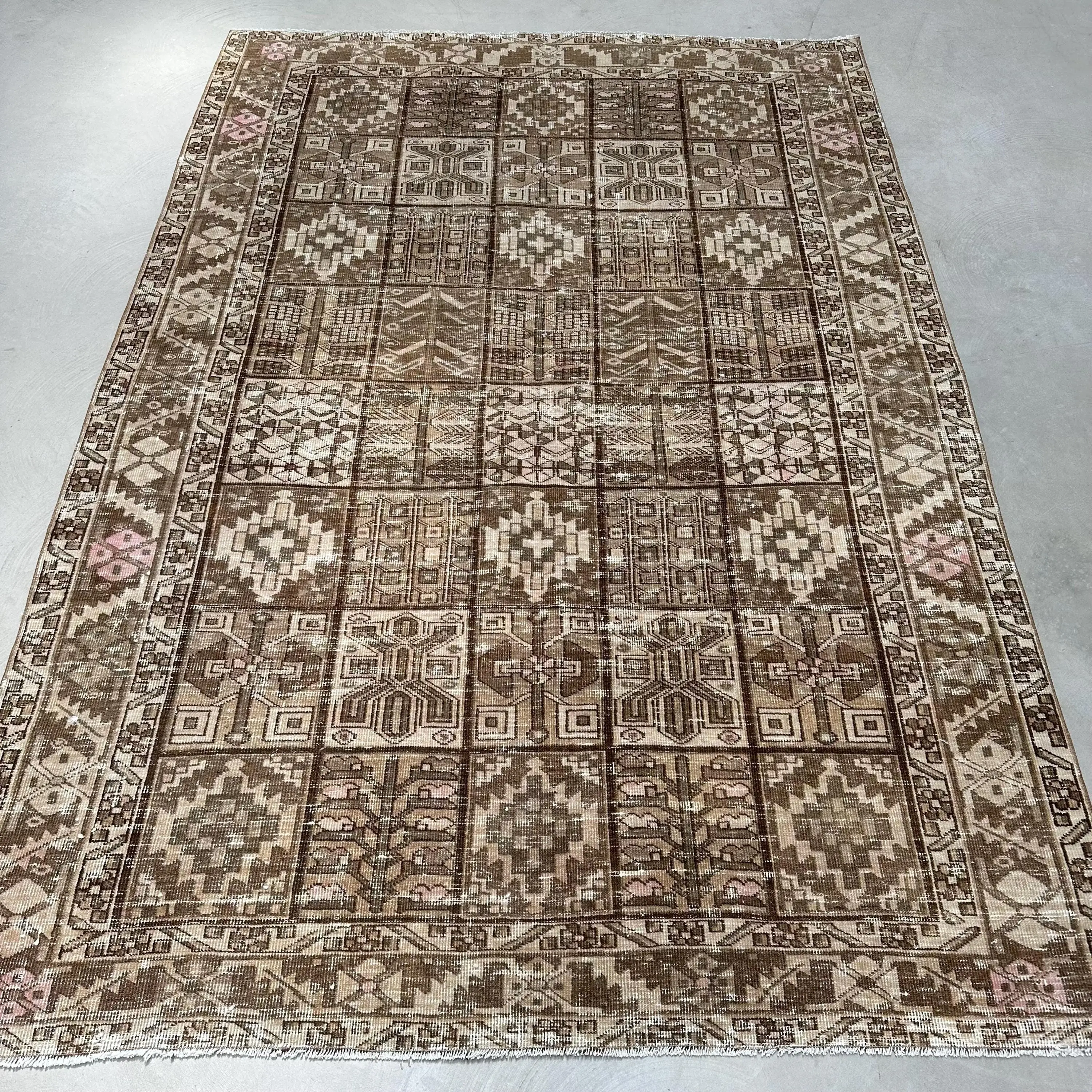 6.6x9.6 ft Türk Halısı, Vintage Büyük Halı, Kahverengi Kareli Yün Halı - 1
