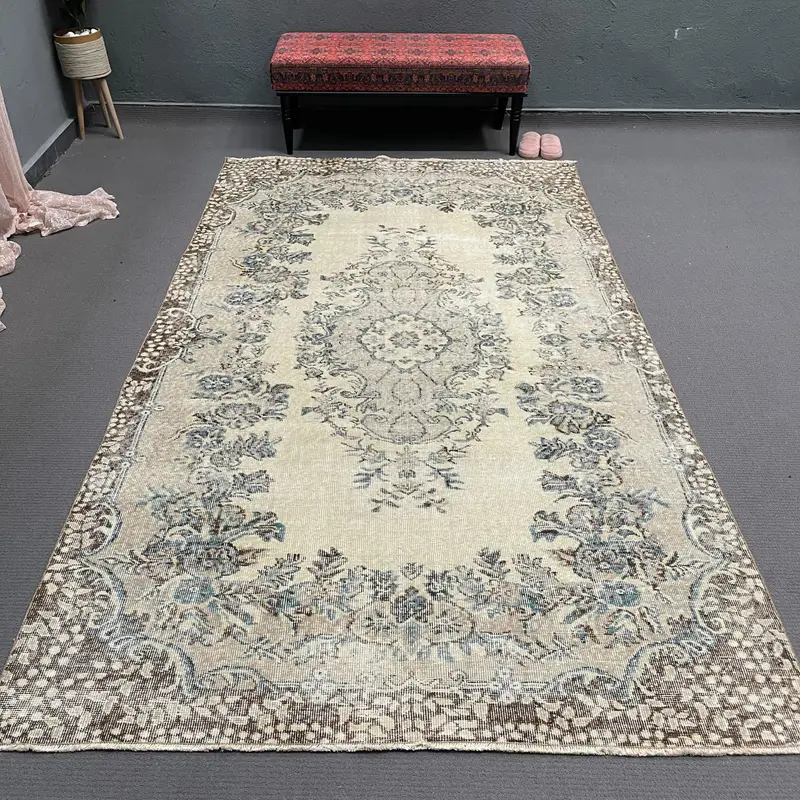 Alfombra turca vintage, alfombra grande de 5,7x9,9 pies, alfombra de lana marroquí marrón azul - 1