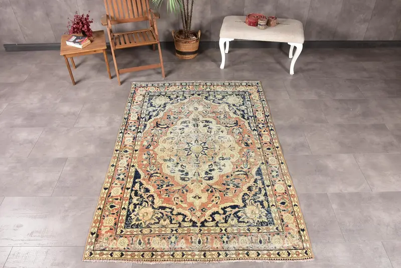 4.8x6.9 ft Türk Oushak Halısı, Vintage Halı, Mavi Kareli Yün Halı - 1