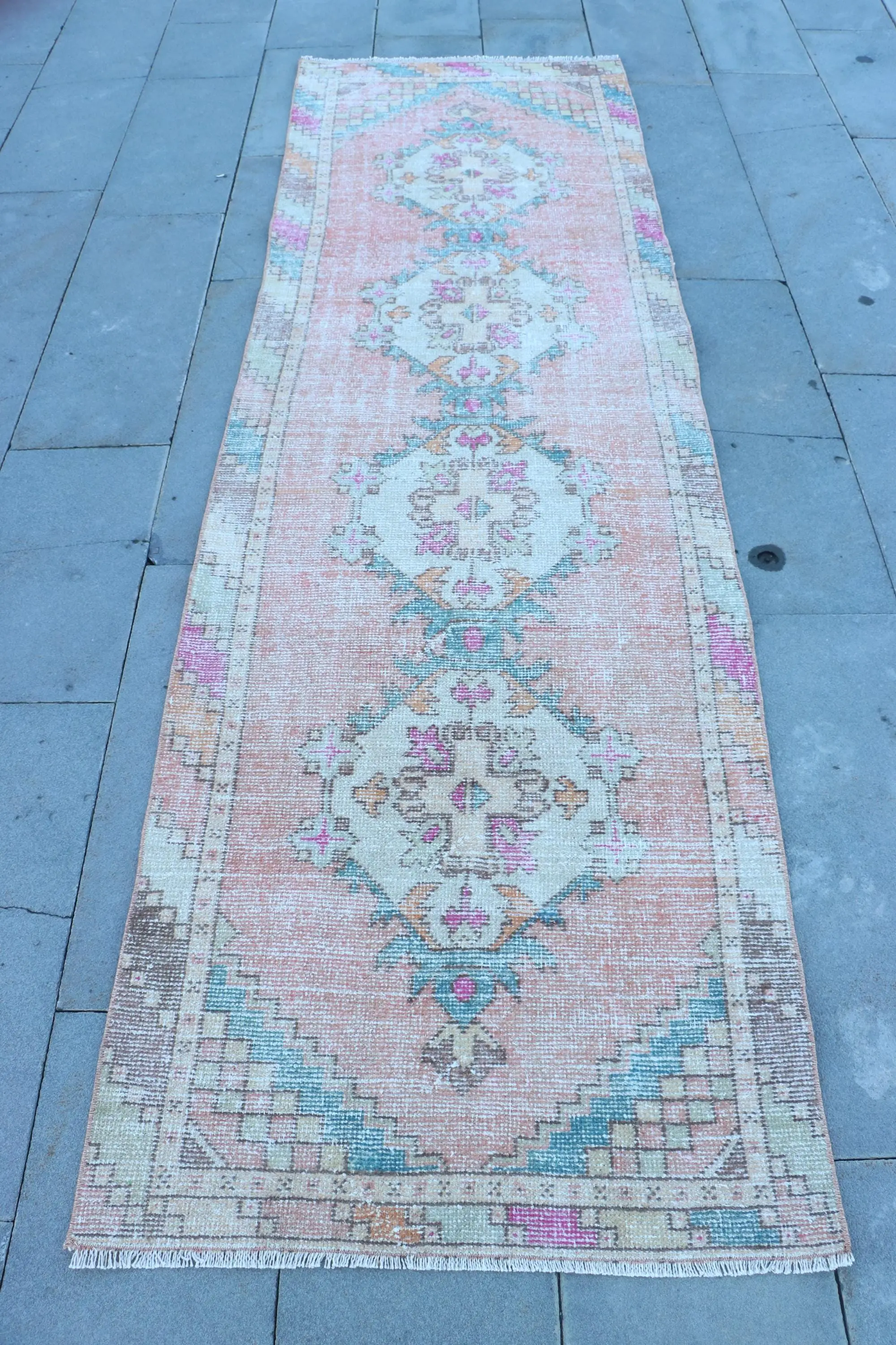 Vintage Turkish Rug 2.9x9.3 ft, Pink Oriental Wool Rug - 1