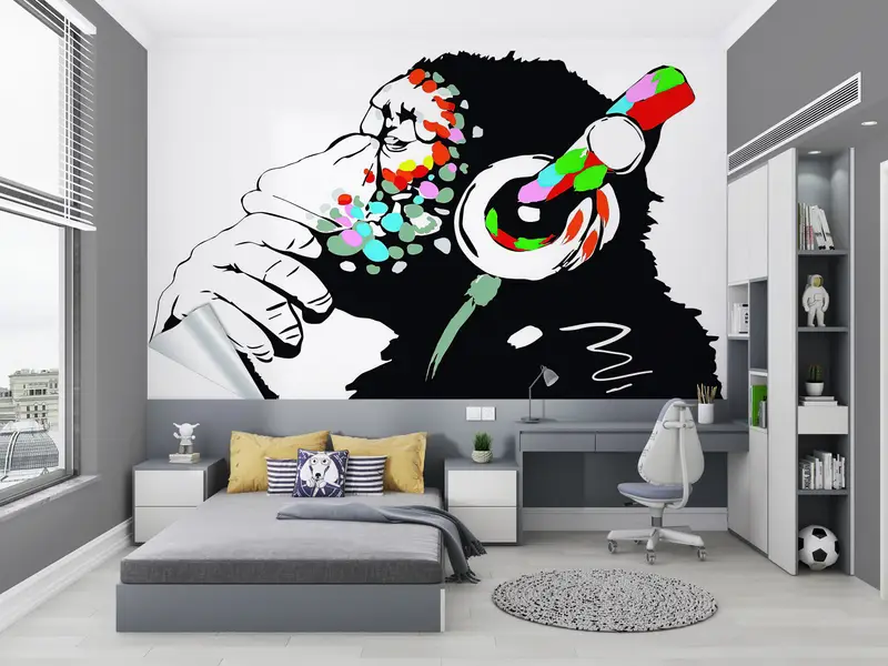 Music Wall Mural, Animal Wallpaper, Abstract Monkey Wall Mural, Graffiti Wall Paper, Dj Monkey Wall Print, Gorilla Wall Paper, - 2