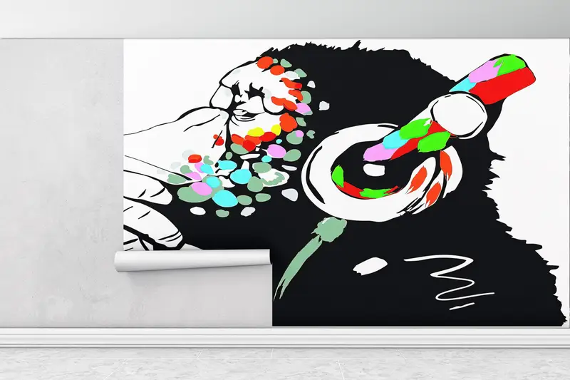 Music Wall Mural, Animal Wallpaper, Abstract Monkey Wall Mural, Graffiti Wall Paper, Dj Monkey Wall Print, Gorilla Wall Paper, - 1