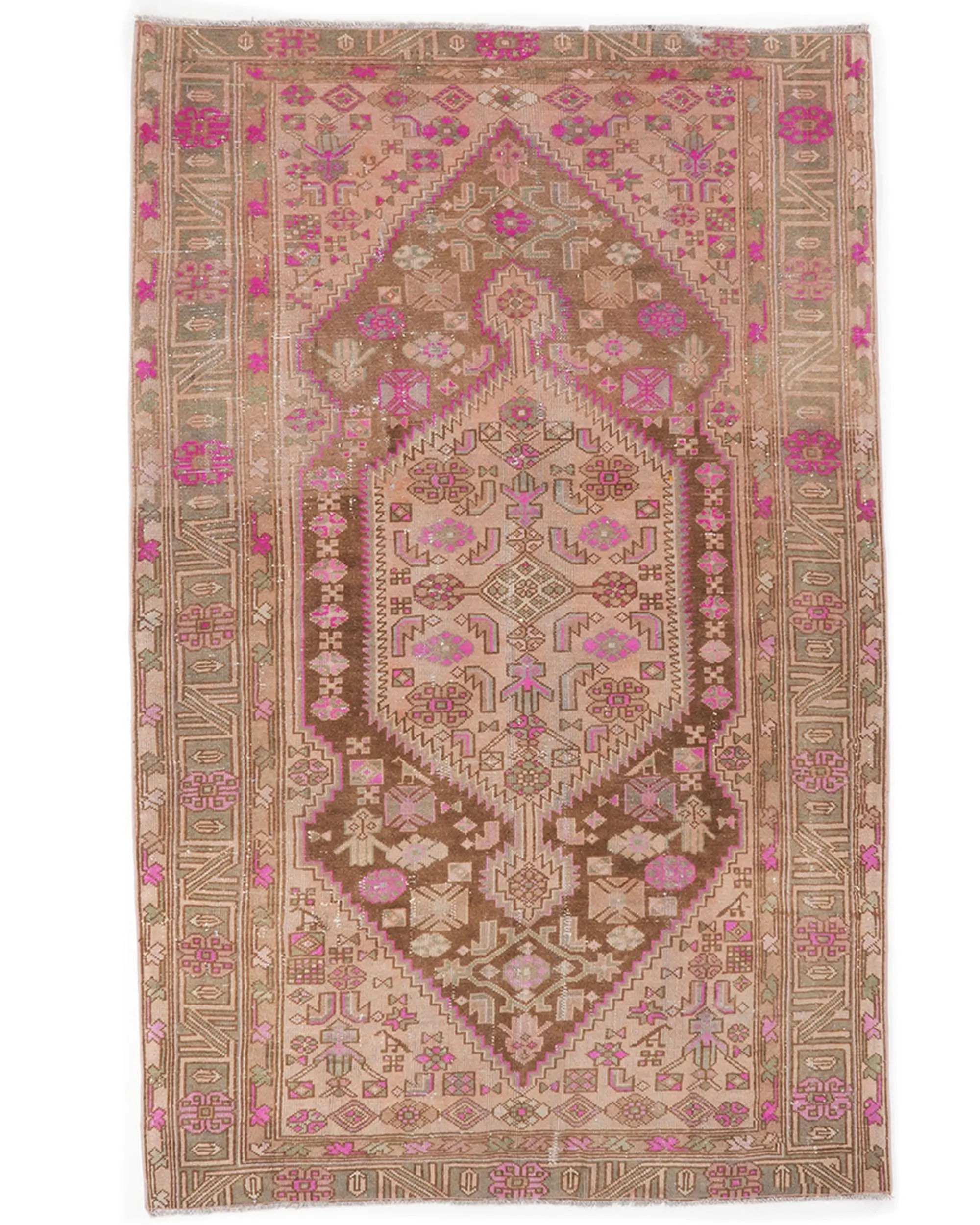Vintage Turkish Area Rug 4.5x7.1 ft, Brown Pink Striped Wool Rug - 1