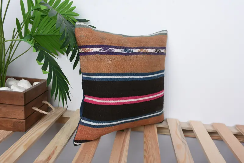 Shabby Chic Cushion Cover, Pillow, Handmade Kilim Cushion, Throw Kilim Pillow, Turkish Corner Cushion, 14x14 Brown Cushion Case, Turkish Pillow - 4