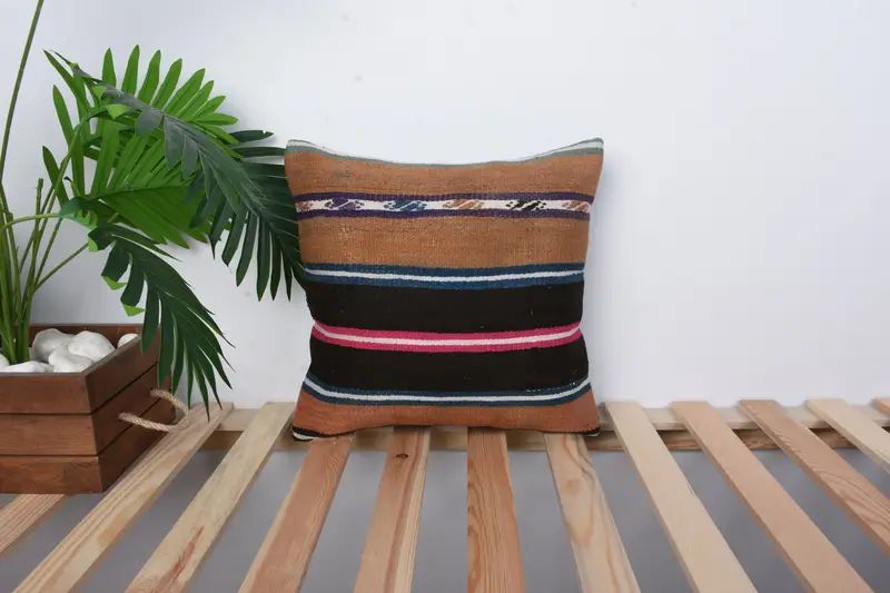 Shabby Chic Cushion Cover, Pillow, Handmade Kilim Cushion, Throw Kilim Pillow, Turkish Corner Cushion, 14x14 Brown Cushion Case, Turkish Pillow - 1