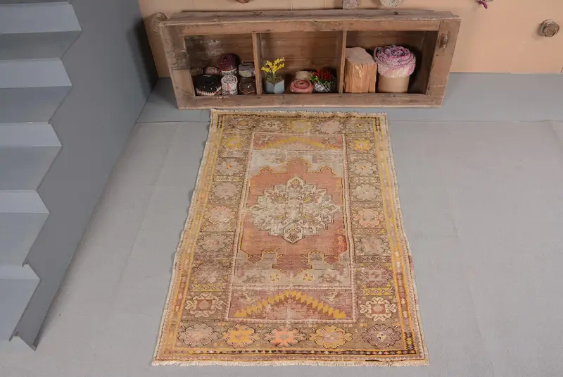 Turkish Vintage Small Rug 3.8x5.6 ft, Yellow Brown Geometric Rug - 1
