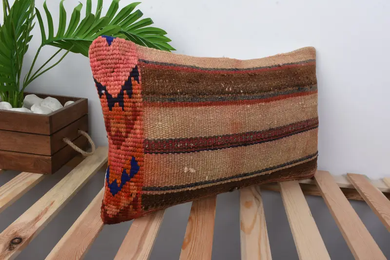 Throw Kilim Pillow, Turkish Kilim Pillow, Sofa Bolster Pillow Case, 12x20 Brown Cushion Case, Outdoor Cushion, Handmade Kilim Cushion, Pillow - 4