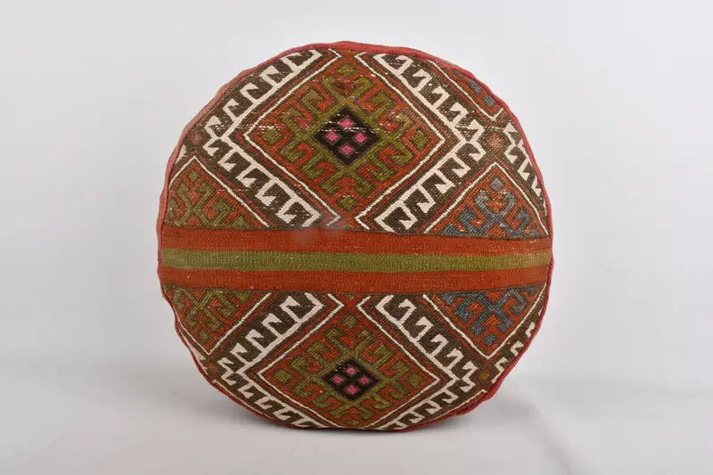 グリーン & ホワイト キリム風オットマン、モジュラー ウール ブレンド プーフ