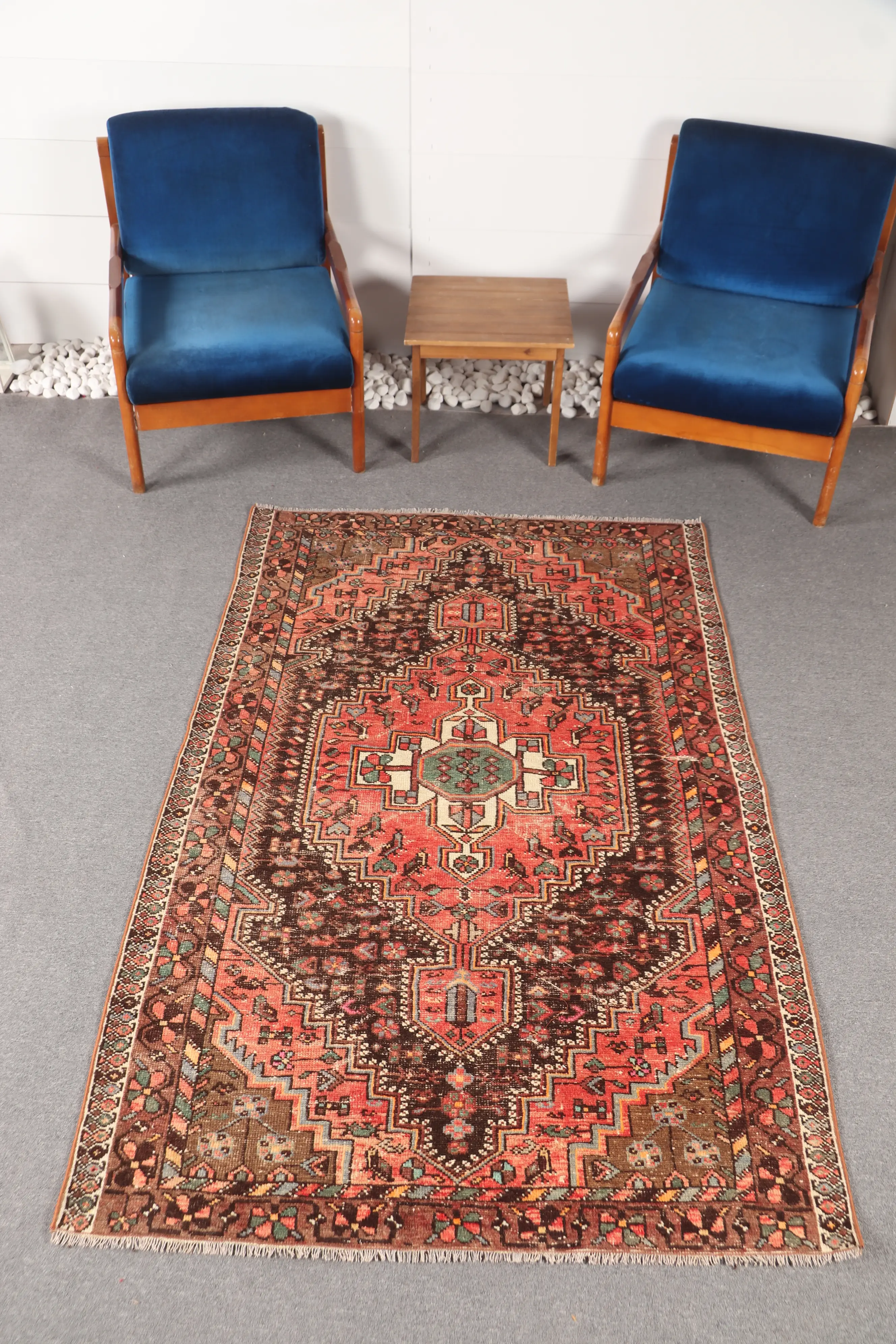 Turkish Accent Rug 4.2x6.7 ft, Brown Geometric Vintage Rug - 1