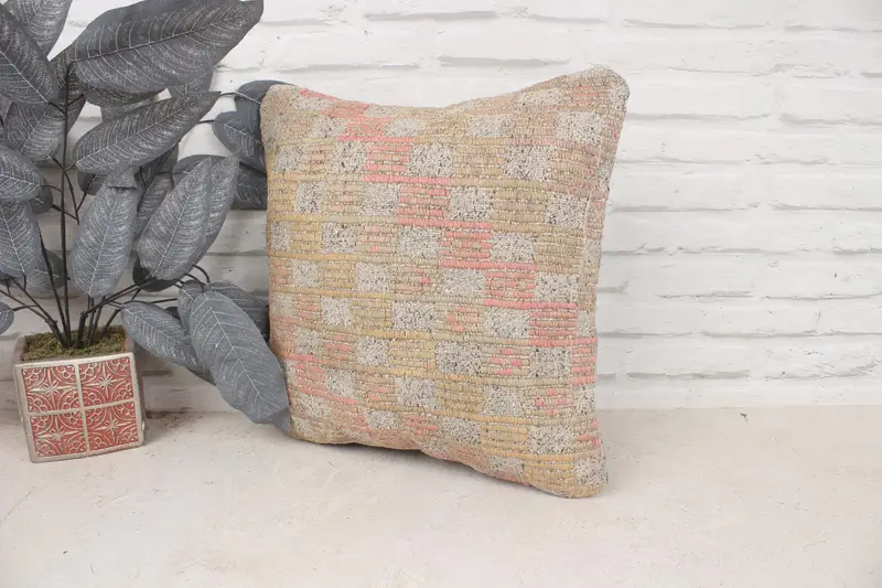 16x16 Beige Cushion Case, Boho Pillow, Ethnical Kilim Rug Pillow, Pillow, Handmade Kilim Cushion, Floor Pillow, Cotton Cushion Cover - 4