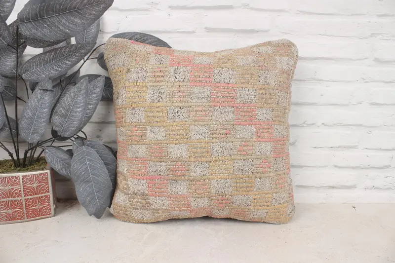 16x16 Beige Cushion Case, Boho Pillow, Ethnical Kilim Rug Pillow, Pillow, Handmade Kilim Cushion, Floor Pillow, Cotton Cushion Cover - 1