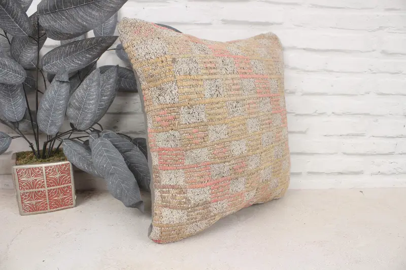 16x16 Beige Cushion Case, Boho Pillow, Ethnical Kilim Rug Pillow, Pillow, Handmade Kilim Cushion, Floor Pillow, Cotton Cushion Cover - 3