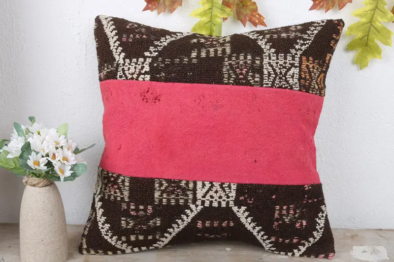 Kilim Pillow Cover, Cushion, Ikat Pillow Sham, Turkish Bench Pillow Case, 16x16 Pink Pillow Case, Pillow for Couch, Throw Kilim Pillow - 2