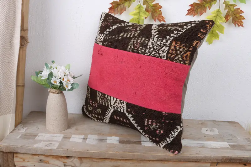 Kilim Pillow Cover, Cushion, Ikat Pillow Sham, Turkish Bench Pillow Case, 16x16 Pink Pillow Case, Pillow for Couch, Throw Kilim Pillow - 4