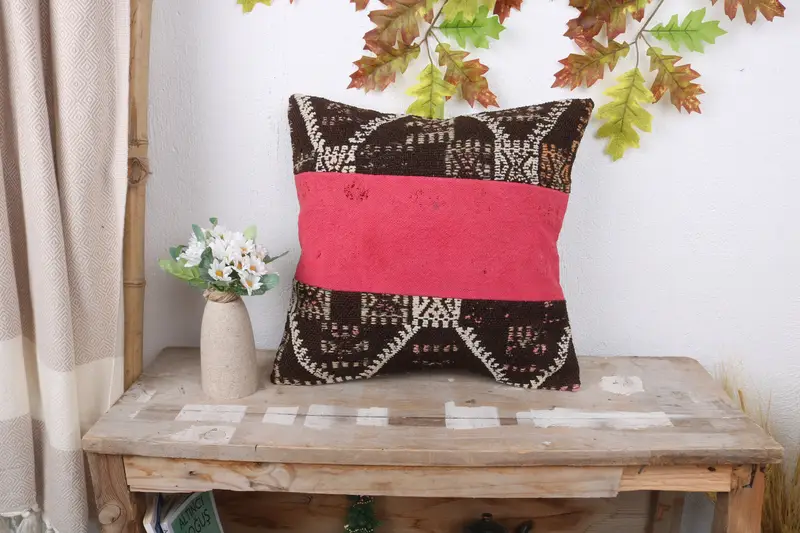 Kilim Pillow Cover, Cushion, Ikat Pillow Sham, Turkish Bench Pillow Case, 16x16 Pink Pillow Case, Pillow for Couch, Throw Kilim Pillow - 1