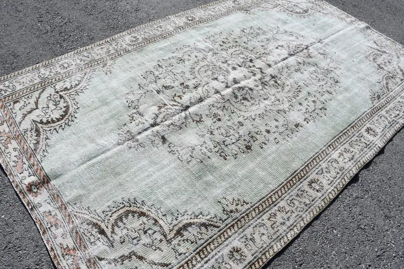 Vintage 5.4x9.1 ft Halı, Oushak Türk Halısı, Gri Kareli Halı - 1