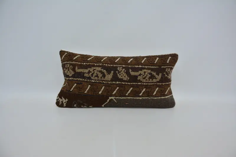 Brown & Beige Embroidered Pillow, 12x24 Inches Rectangle Throw Pillow - 1