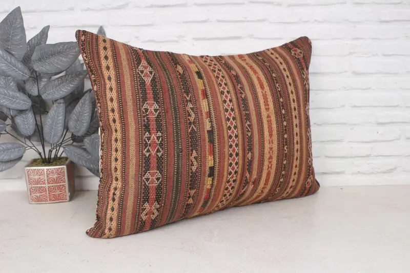 Decorative Bolster Cushion Cover, Vintage Kilim Throw Pillow, Pillow Case, Vintage Pillow, Pillow for Couch, 20x28 Brown Pillow Case - 3