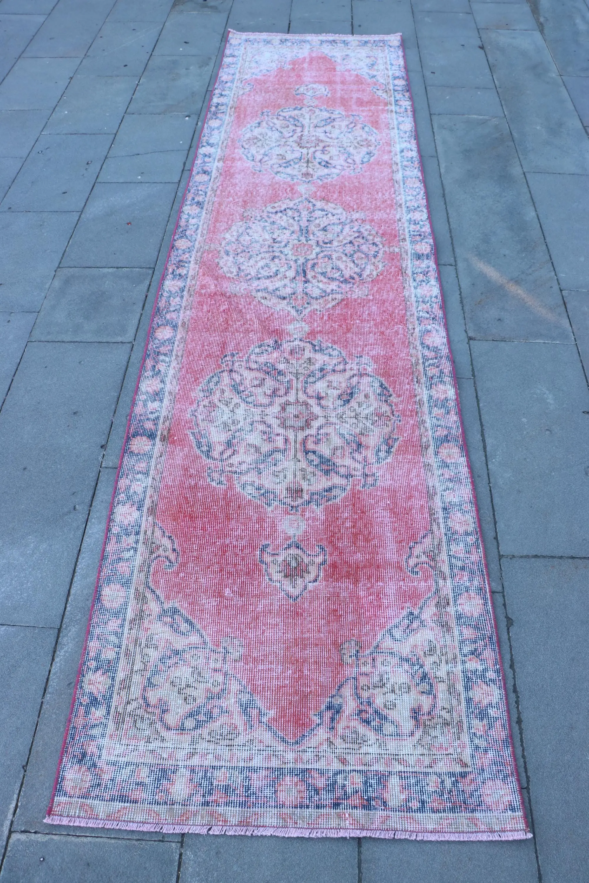 Turkish Rug 2.7x10.7 ft (82x326 cm), Red Plants & trees Vintage Rug - 1