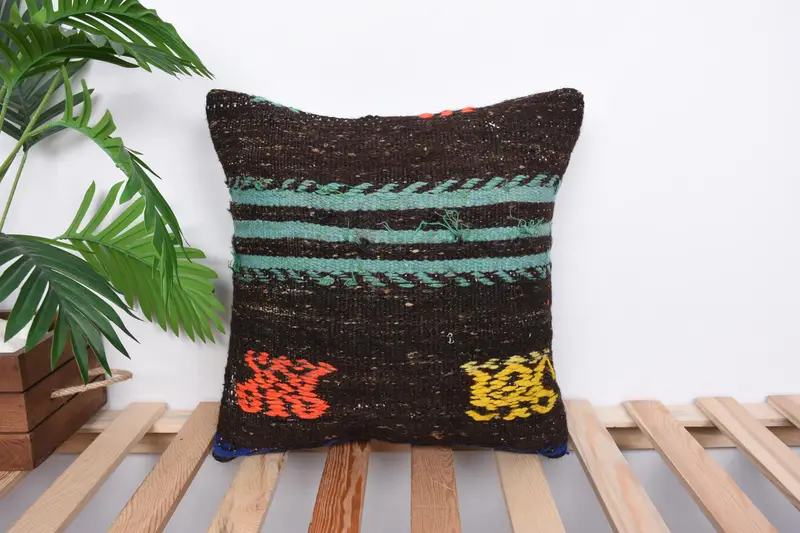 Pillow Cover, Ethnical Kilim Rug Pillow, Southwestern Pillow, Decorative Bolster Cushion, Antique Pillows, Kilim Pillow, 16x16 Brown Pillow - 1