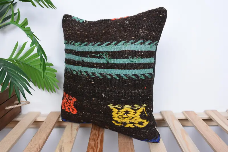 Pillow Cover, Ethnical Kilim Rug Pillow, Southwestern Pillow, Decorative Bolster Cushion, Antique Pillows, Kilim Pillow, 16x16 Brown Pillow - 5