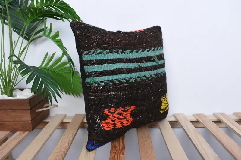 Pillow Cover, Ethnical Kilim Rug Pillow, Southwestern Pillow, Decorative Bolster Cushion, Antique Pillows, Kilim Pillow, 16x16 Brown Pillow - 4