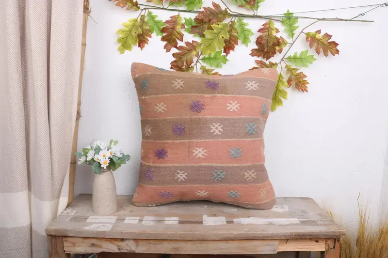 Pillow Case, Southwestern Cushion Case, Handmade Kilim Cushion, Boho Pillow, 18x18 Orange Pillow Cover, Boho Pillow Sham Cover - 1