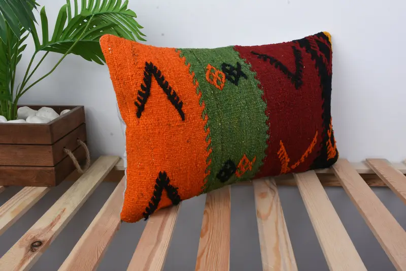 Turkish Kilim Pillow, Kilim Cushion Sham, Morroccon Kilim Cushion Pillow Sham, Pillow Cover, 12x20 Red Cushion, Home Decor Pillow - 4